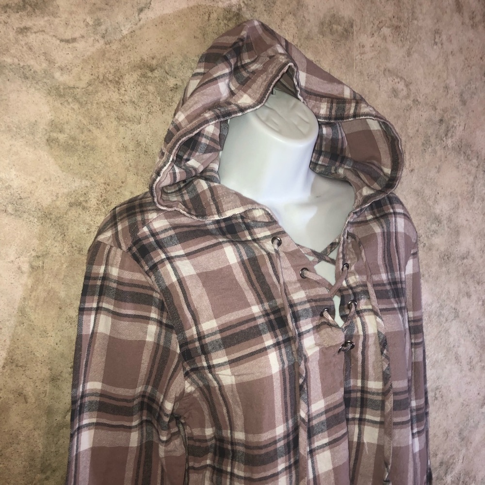 Rue 21 Long Sleeve Tie-Front Plaid Hoodie Top - Picture 7 of 10